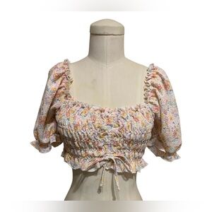 Forever 21 Women's Small Floral Square Neck Puff Sleeve Smocked Crop Top